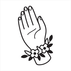 Fototapeta premium Female hand with a bracelet of flowers line art vector illustration, floral faith minimal outline design