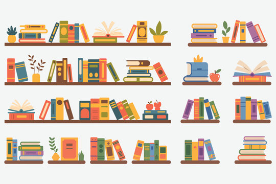A colorful illustration of bookshelves with various books and decorative items isolated on white background, Vector