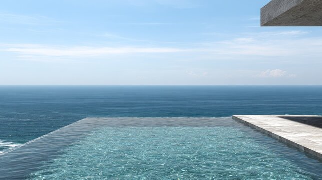 Infinity pool overlooking the ocean under a blue sky on a sunny day