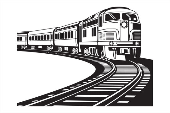 Antique Train Black and White Illustration vector, Train engraving illustration, vintage railway locomotive retro transport design
