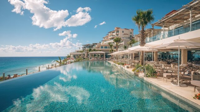 Luxury resort infinity pool overlooking ocean under blue sky and clouds