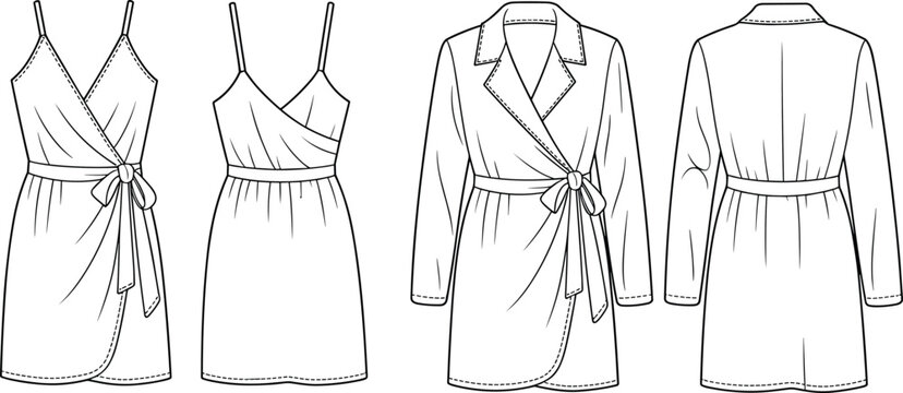 Fashion flat sketches wrap dress and wrap robe set, front and back views, vector line art for clothing design