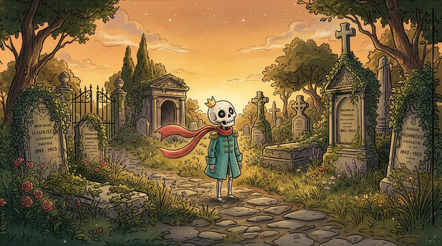 An illustration of a whimsical skeleton wearing a tiny crown, a red scarf, and a teal double-breasted coat, standing on a cobblestone path 