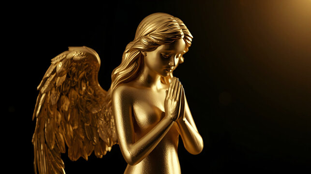 A detailed golden sculpture of an angel with large feathered wings clasped in prayer. The figure is rendered in a rich metallic gold finish against a dark, softly lit background, creating a serene and