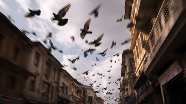 A dynamic flock of pigeons takes flight over a bustling blurred market street lined with historic buildings