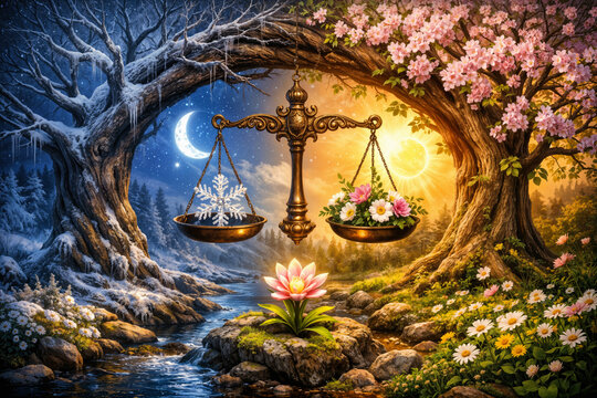 Vernal Equinox spring equinox balance illustration with antique brass scales snowflake and spring flowers under intertwining winter and blossom trees March 20 seasonal renewal