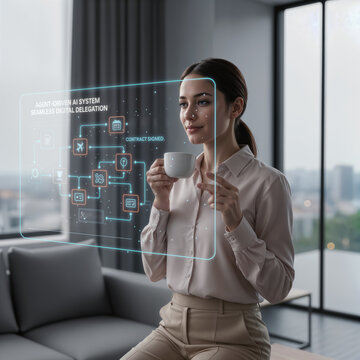 Agent-driven AI system seamless digital delegation woman using autonomous agent interface automation booking workflows contract signed hands free digital worker concept