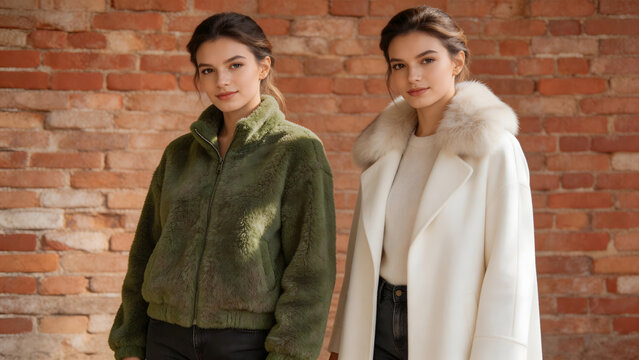 Two women in winter coats against brick wall