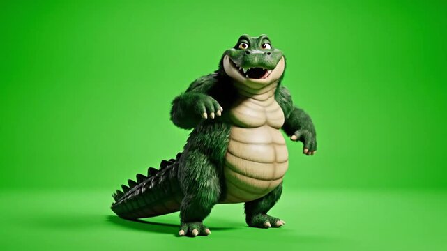 Alligator performs a fun dance in a computer-generated animation with realistic fur rendering