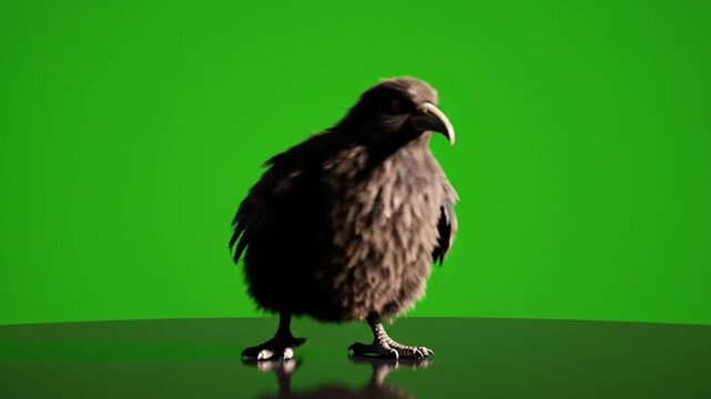 Realistic kiwi dance with CG fur rendering under green screen lighting in a studio