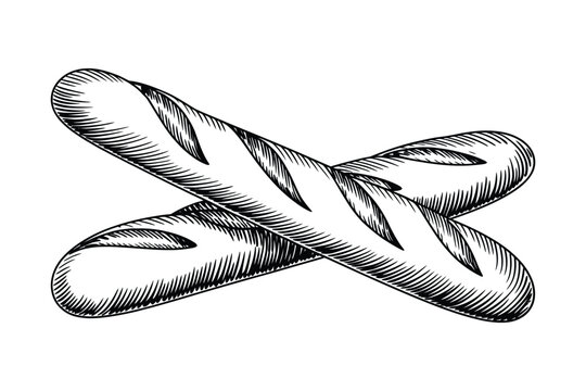 Baguette vintage vector engraving illustration, hand drawn French bread loaf in black line style for bakery branding, cafe menu, artisan food design, and retro culinary graphics