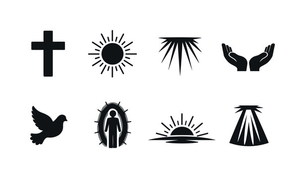 Salvation Through Light. Filled icon set of Salvation Through Light: cross silhouette, radiant sun, light rays
