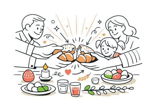 Sharing Easter Bread. Traditional Easter bread sharing moment. A family scene focused on hands breaking bread