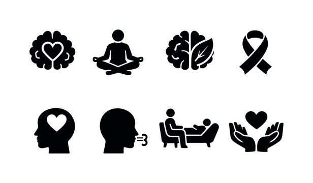 Mental Health Awareness. Filled icon set of Mental Health Awareness: brain with heart, meditation person,