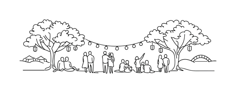 "Night Hanami Celebration". Minimalistic one-line drawing crowd silhouettes enjoying illuminated sakura trees