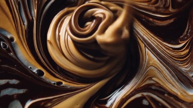 Swirling mixture of brown and beige liquids in abstract macro composition