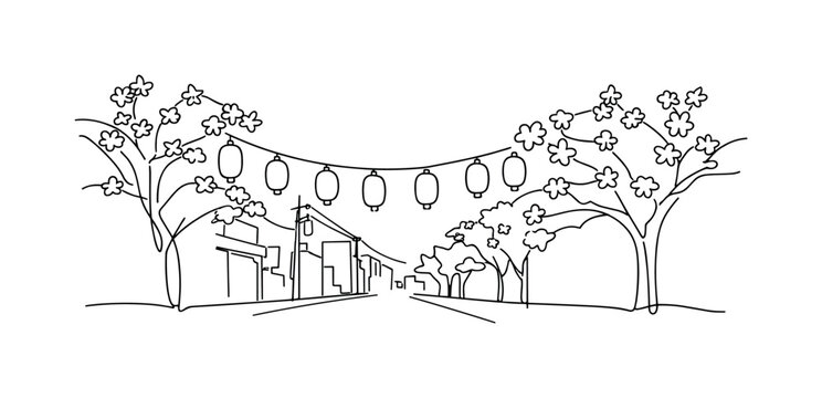 "Tokyo Sakura Night Street". Minimalistic one-line drawing cherry blossom trees lining a Tokyo street with