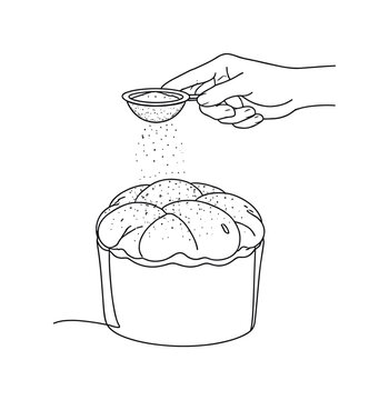 "Easter Bread Finishing Touch". Minimalistic one-line drawing hand gently dusting powdered sugar over a