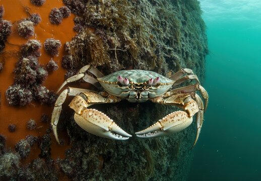 Edible Crab on Rocky Underwater Pier with Seaweed