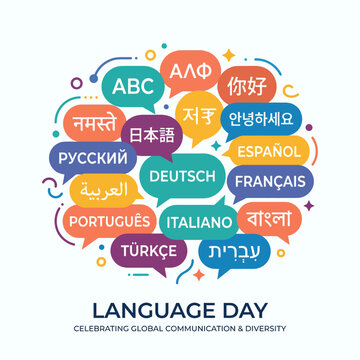 Vibrant illustration of multilingual speech bubbles in various colors on a white background, celebrating Language Day with global communication and diversity.