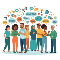 Fototapeta premium Diverse group of people communicating and interacting with speech bubbles and icons on a clean white background, conveying a joyful and international mood with a flat design illustration