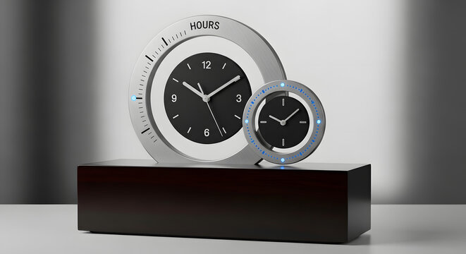Modern Abstract Desk Clock with Two Rotating Circular Rings and Glowing Blue Time Indicators, Futuristic Minimalist Timepiece for Contemporary Office Decor