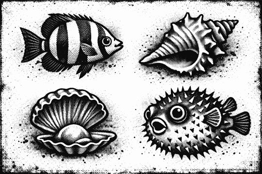 Retro Ocean Elements Set with Photocopy Grunge Effect Featuring a Striped Tropical Fish, Spiky Pufferfish, Conch Shell, and Open Oyster with Pearl for Vintage Collage Art and Graphic Design.