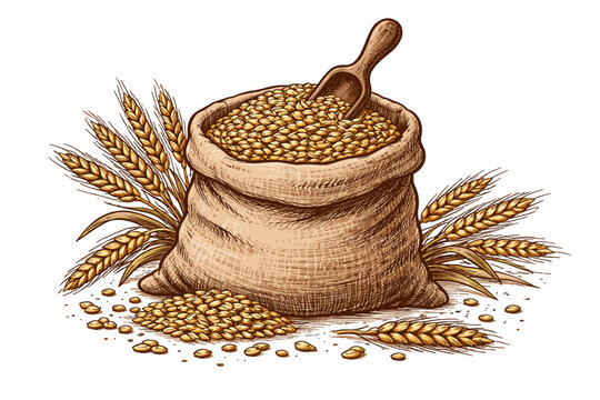 Hand Drawn Sketch of a Burlap Sack Full of Wheat Grains with a Wooden Scoop and Wheat Ears, Vintage Farm Organic Food Illustration for Bakery, Bread Baking, Agriculture, and Harvest Concept