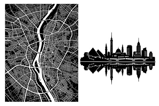 Cairo Egypt City Map and Skyline Silhouette Vector Illustration with Detailed Street Plan, Nile River, and Iconic Landmarks including Pyramids of Giza, Sphinx, and Cairo Tower for Travel Posters.