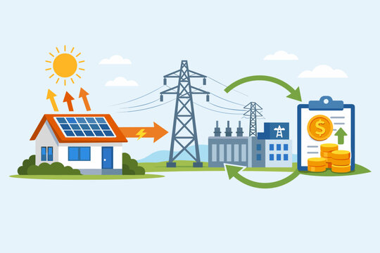 Solar energy export to power grid and billing credit workflow illustration. House with solar panels sending electricity to utility substation for financial savings and net metering concept.
