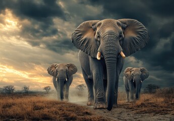 Fototapeta premium Elephant Family Walking Through African Savanna at Sunset