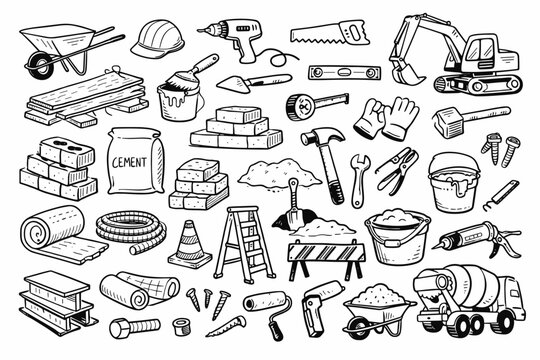 Hand Drawn Construction Doodle Set of Building Materials and Tools Vector Illustration. Collection of Icons Including Hammer, Saw, Drill, Excavator, Cement, Bricks, Ladder, and Safety Equipment.