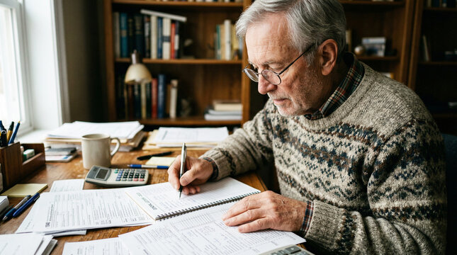Senior macht Buchhaltung oder arbeitet an Steuererkl&auml;rung.