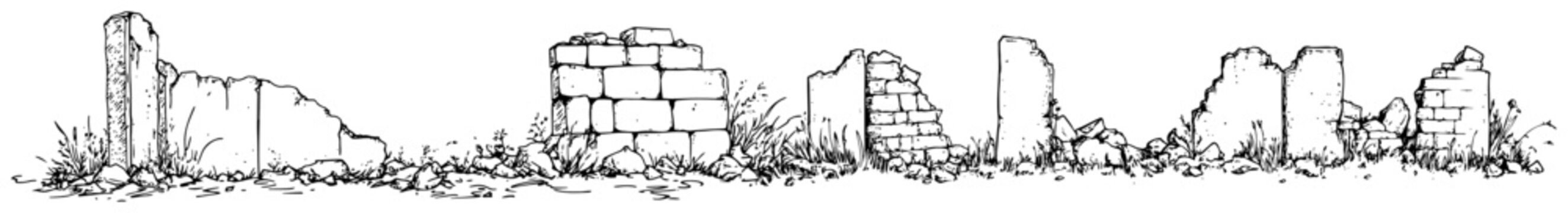 Ruined stone wall and broken masonry with grass in sketch style