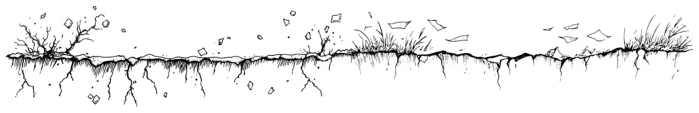 Cracked ground with sparse dry plants and debris in hand drawn style
