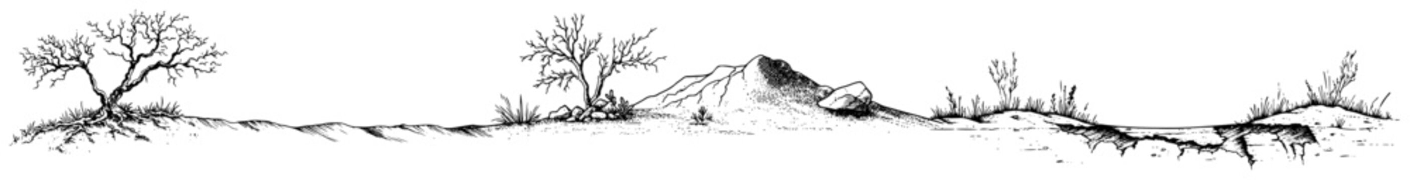 Bare tree on rocky desert landscape background in hand drawn sketch style