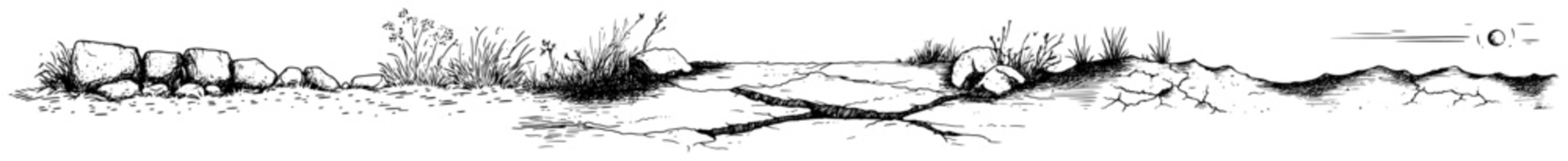 Cracked earth ground with rocks and wild grass in minimalist doodle style