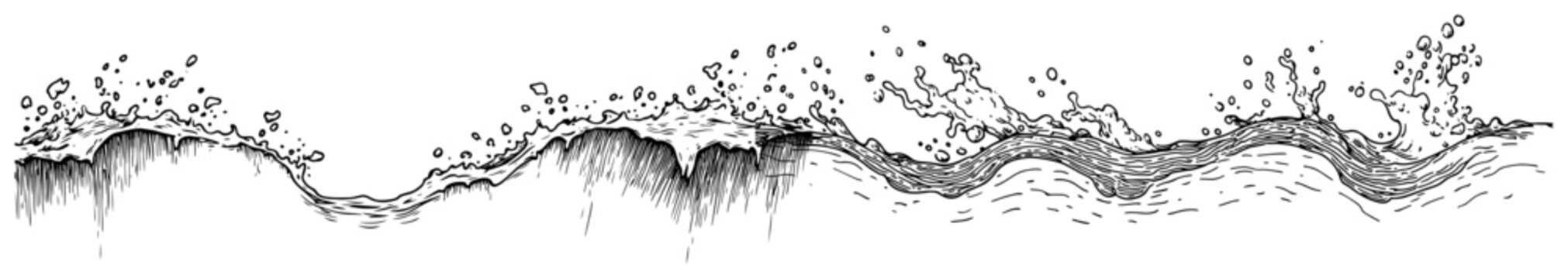 Water waves splashing with liquid droplets in dynamic hand drawn sketch style