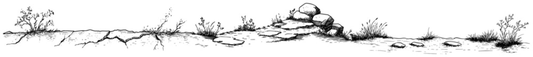 Fototapeta premium Cracked dry ground with rocks and grass in horizontal sketch style
