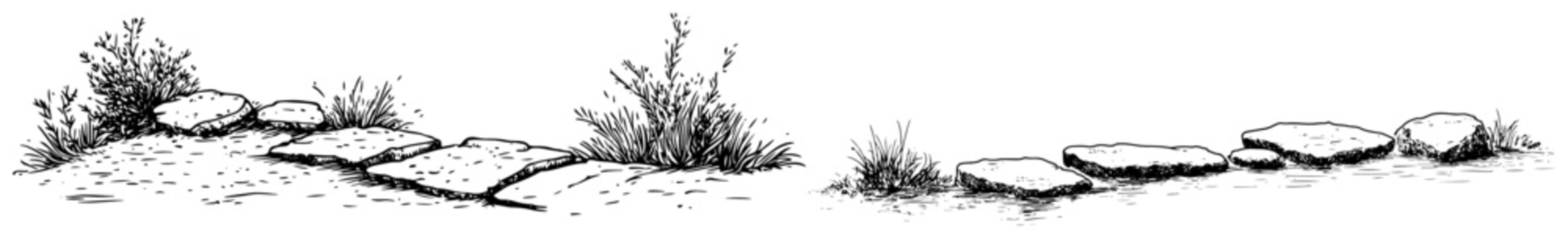 Stone path with stepping stones and wild grass bushes in hand drawn doodle style