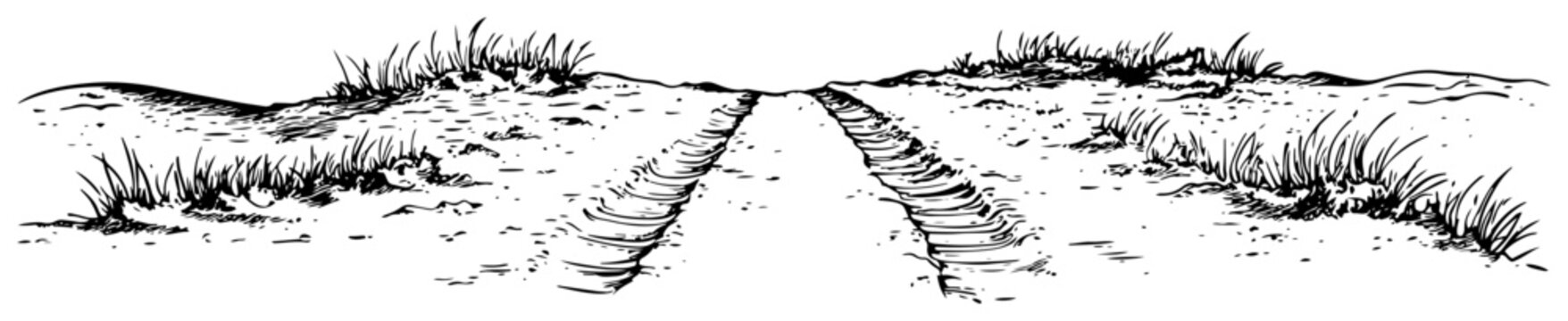 Dirt road path through sand dunes with wild grass patches in hand drawn doodle style