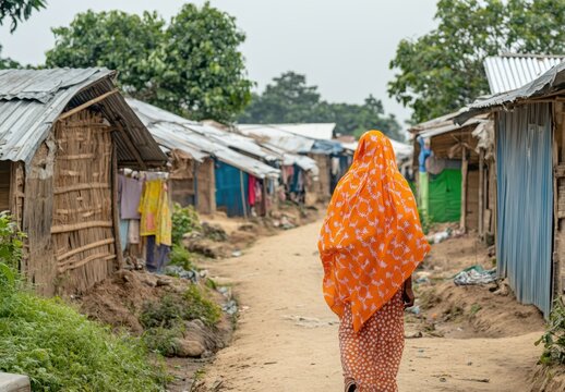 Woman in Orange Headscarf Walking Through Rural Shantytown