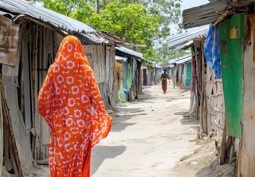 Woman in Orange Sari Walking Through Rural Village Street