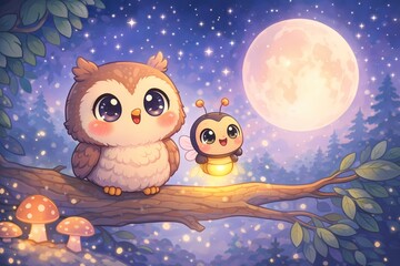 Obraz premium Cute owl and glowing firefly sitting on tree branch under full moon in magical night forest 