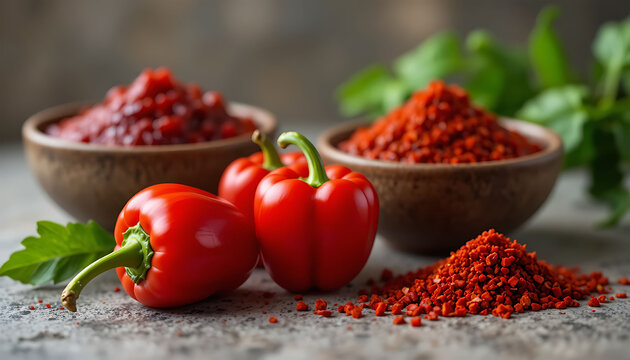 Macro Food Photography of Red Capia Peppers with Pepper Paste and Aleppo Pepper Flakes &ndash; Vibrant Culinary Ingredient Concept