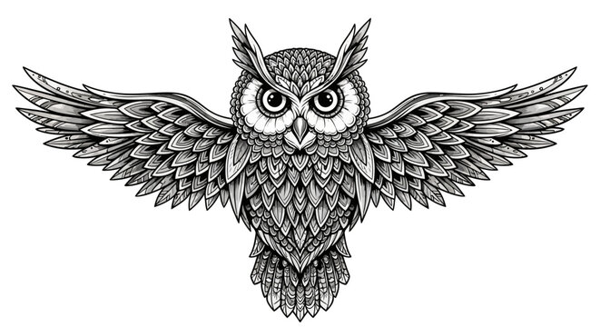 Intricate black and white illustration of an owl with spread wings, featuring detailed feather patterns, symbolic bird art, hand-drawn style.