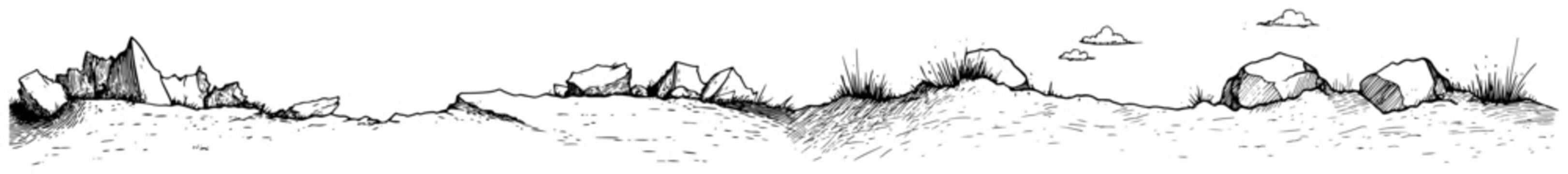 Rocky landscape with cliff edge and scattered boulders under a cloudy sky in sketch style