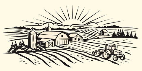 A vintage farm scene with buildings fields and a tractor in sunlight © Arabinda