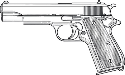 Colt 1911 side profile detailed black-and-white line drawing with textured grip and visible features for technical illustrations © MdAshik
