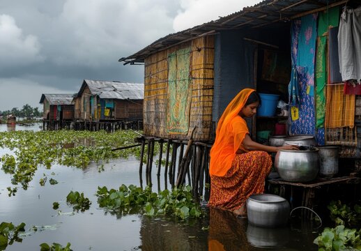 Woman Cooking at Stilt House in Khulna, Bangladesh